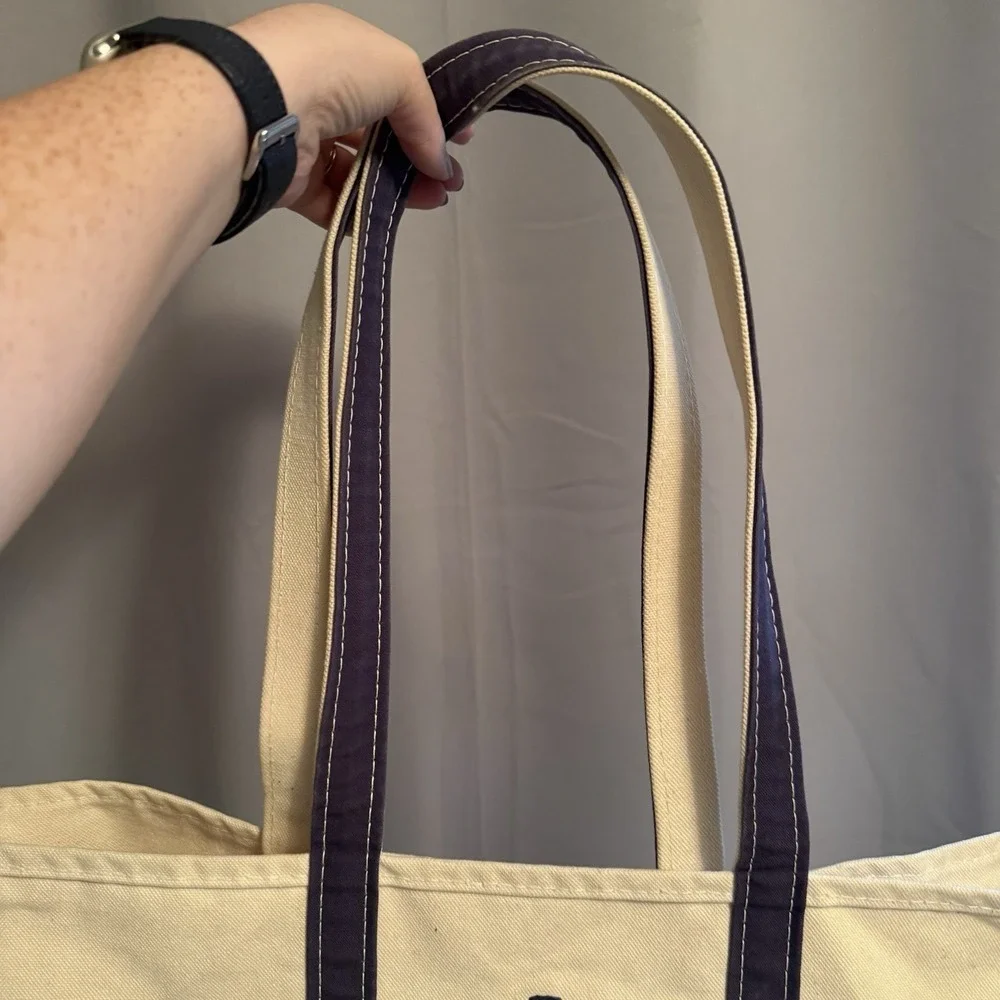 LL Bean Boat Tote Bag USA Canvas Navy Blue Open Top Embroidered Large LDK